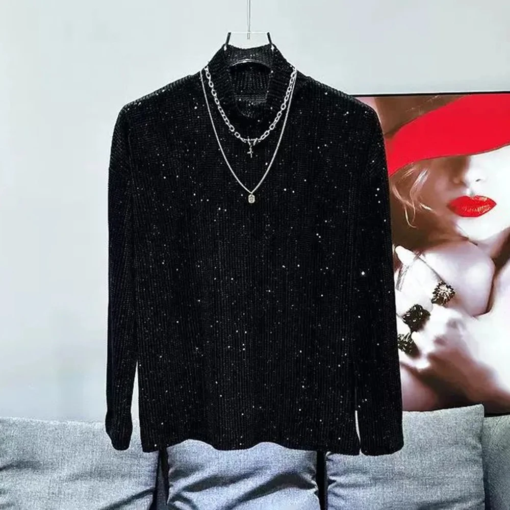 Mens Starry Sky Sequins Shiny Casual T-Shirt Streetwear Nightclub Campus Performance Luxury Long-Sleeve Top Men'S Wear 2025 New