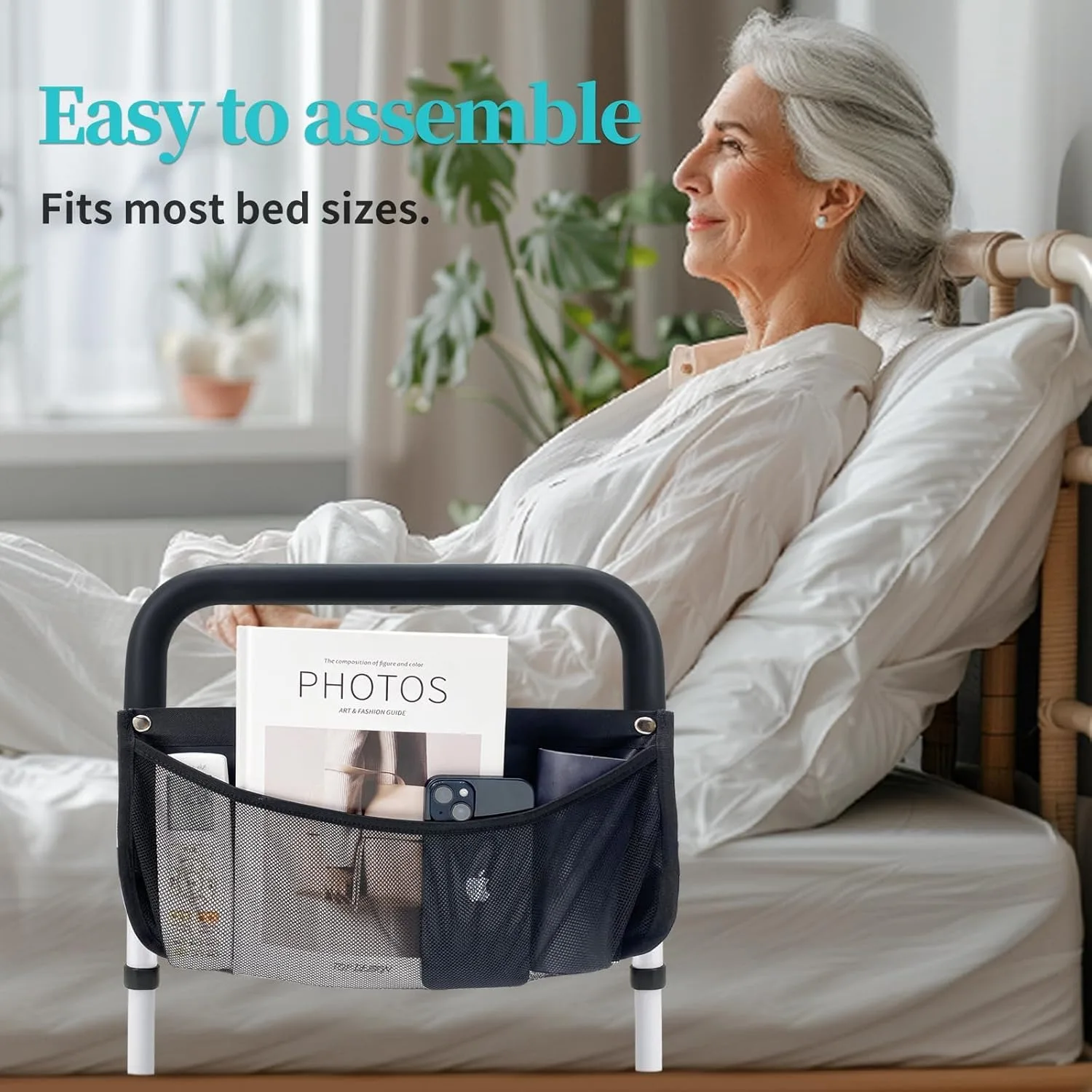 Bed Rails for Elderly Adults Safety with Adjustable Heights Storage Pocket Assist Support Side Railings Seniors Slides (White))