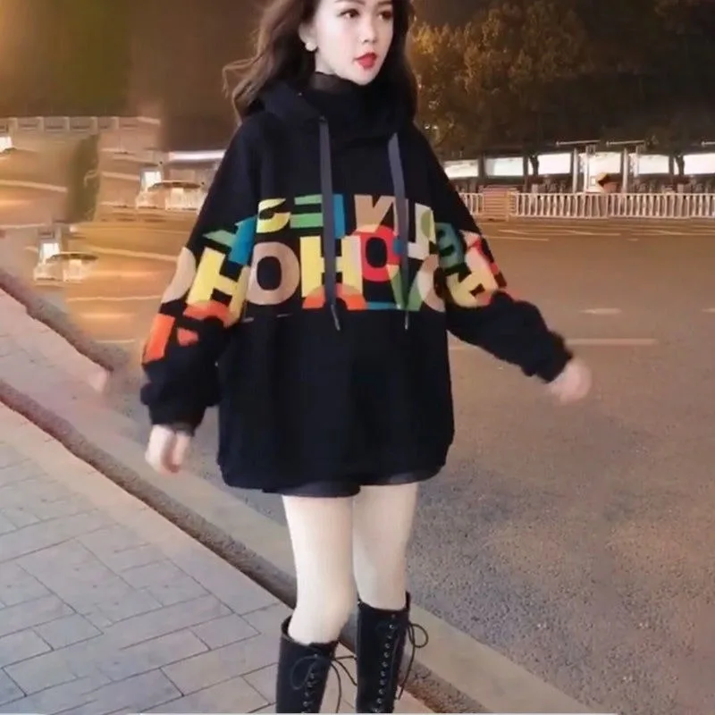 2023 New Spring Autumn Plus Cotton Cashmere Foreign Style Printed Long Hoodie Women Loose Hooded Mid Length Version Trend Top