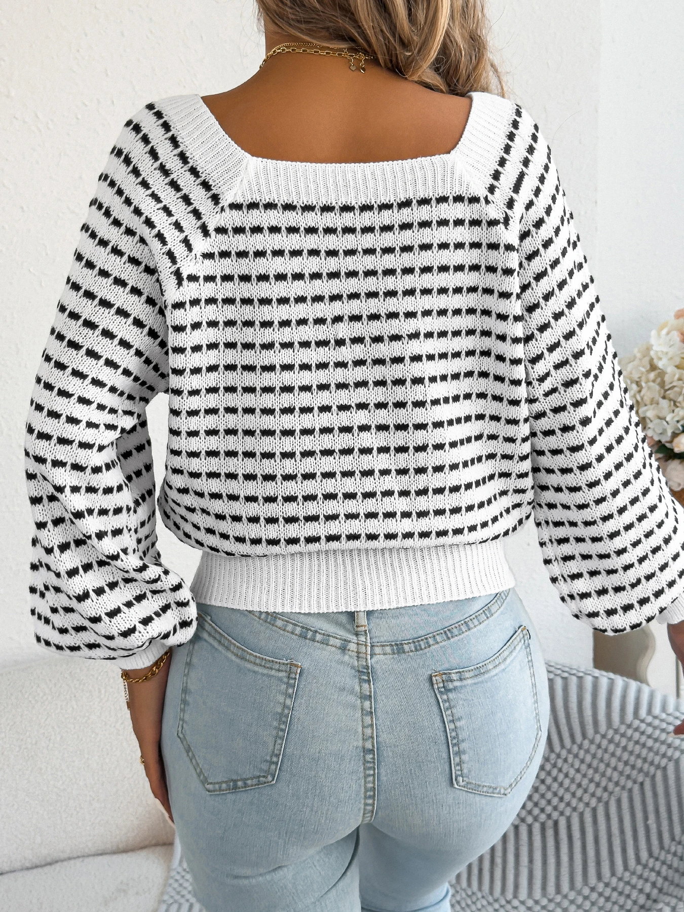 Damen-Pullover mit quadratischem Ausschnitt, gestreift, Farbblock, tailliert, langärmelig, für Herbst und Winter, Getaway-Strickoberteil