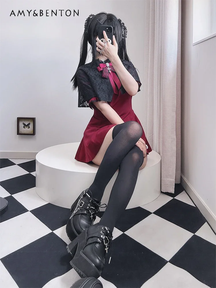 Japanische Stil Mine Serie Lolita kurz ärmel ige Top kurze zweiteilige Set Sommer Herbst Spitze Revers Cape Kleid süße Goth Outfits