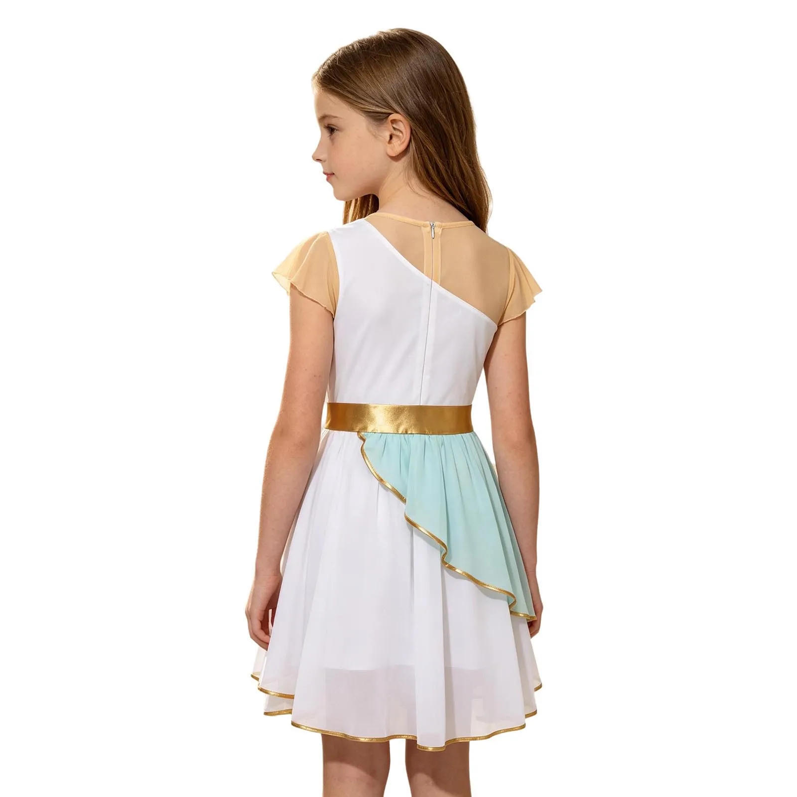 Kids Girls Ancient Greek Roman Princess Toga Costume Short Sleeve Metallic Embroidered Dress Robe for Halloween Party Cosplay