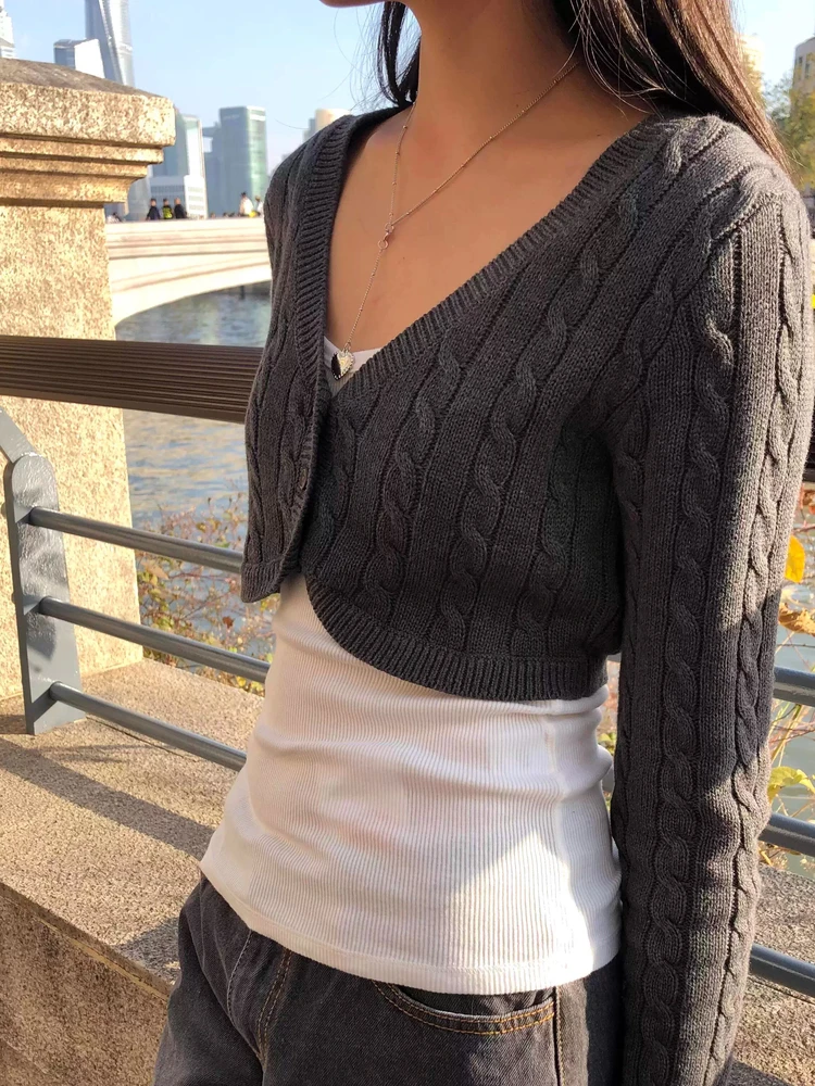 

American Sle Retro Twist Super ort Knitted Cardigan Women's Top Belted Spring Autumn Open Front Cotton Long Sve V-Ne