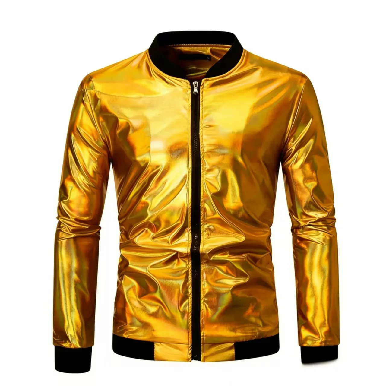 Fashionable Men's Stand Up Collar Jacket American Simple Hot Stamping Gold Silver Purple Colors Performance Costume Zipper Coats