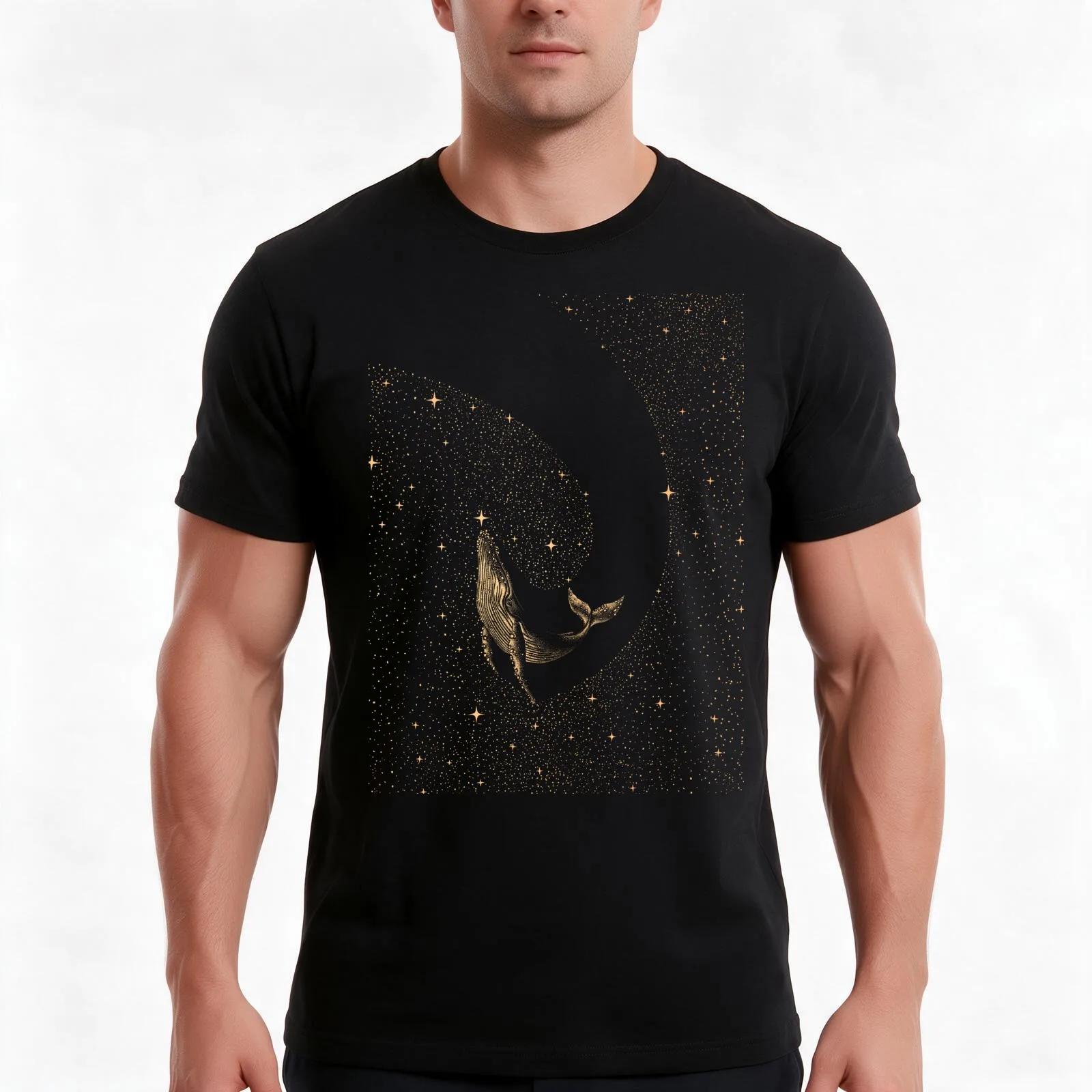 Starry Whale - Dark GOLD Version T-Shirt, Summer Casual Cotton Tee, Oversized Streetwear Tops, Vintage Graphic Print
