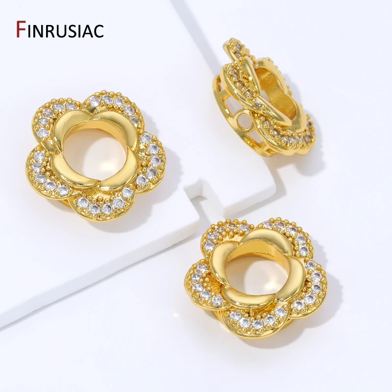 18K Gold Plated Brass Flower Shape Bead Frame,Inlaid Zircon Beads Separators Frame For DIY Bracelet Necklace Making Accessories