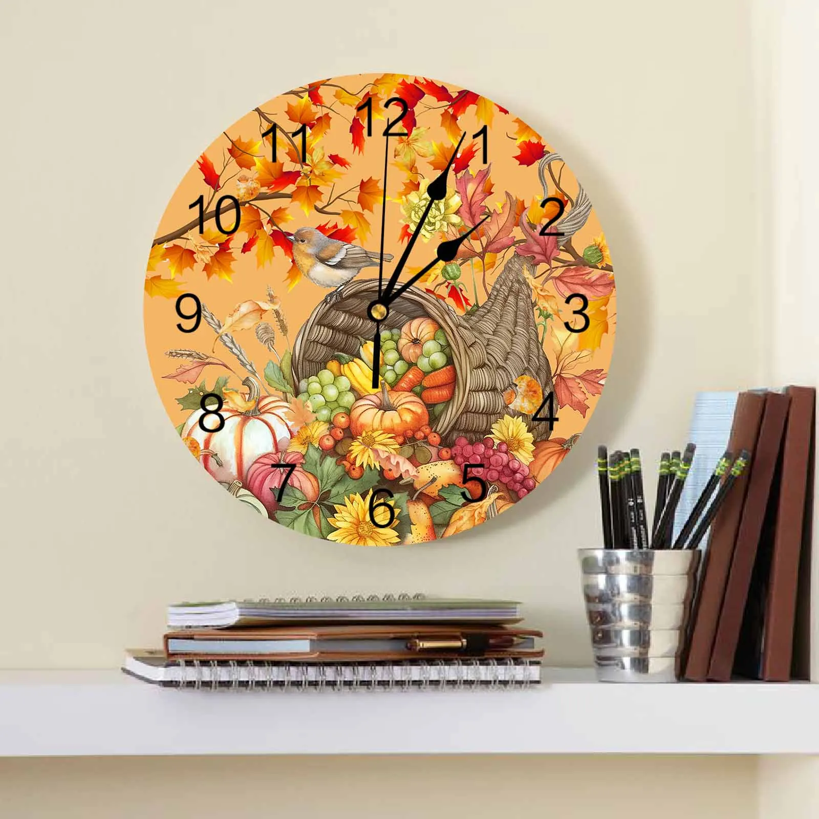 Autumn Pumpkin Maple Leaf Grapes Robin Wall Clock Large Modern Kitchen Dinning Round Wall Clocks Bedroom Silent Hanging Watch