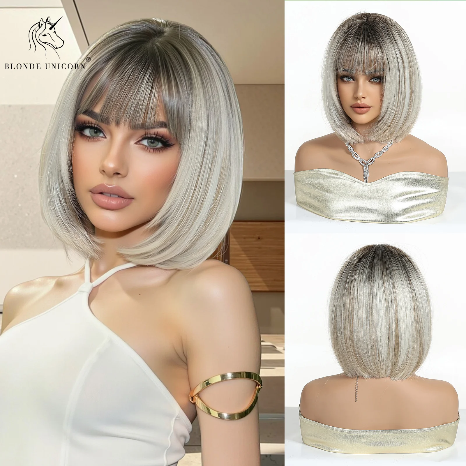 BLONDE UNICORN Synthetic Wig Dark Root to Grey Natural Short Bob Wig With Bangs Daily Black White Women Cosplay Heat Resistant