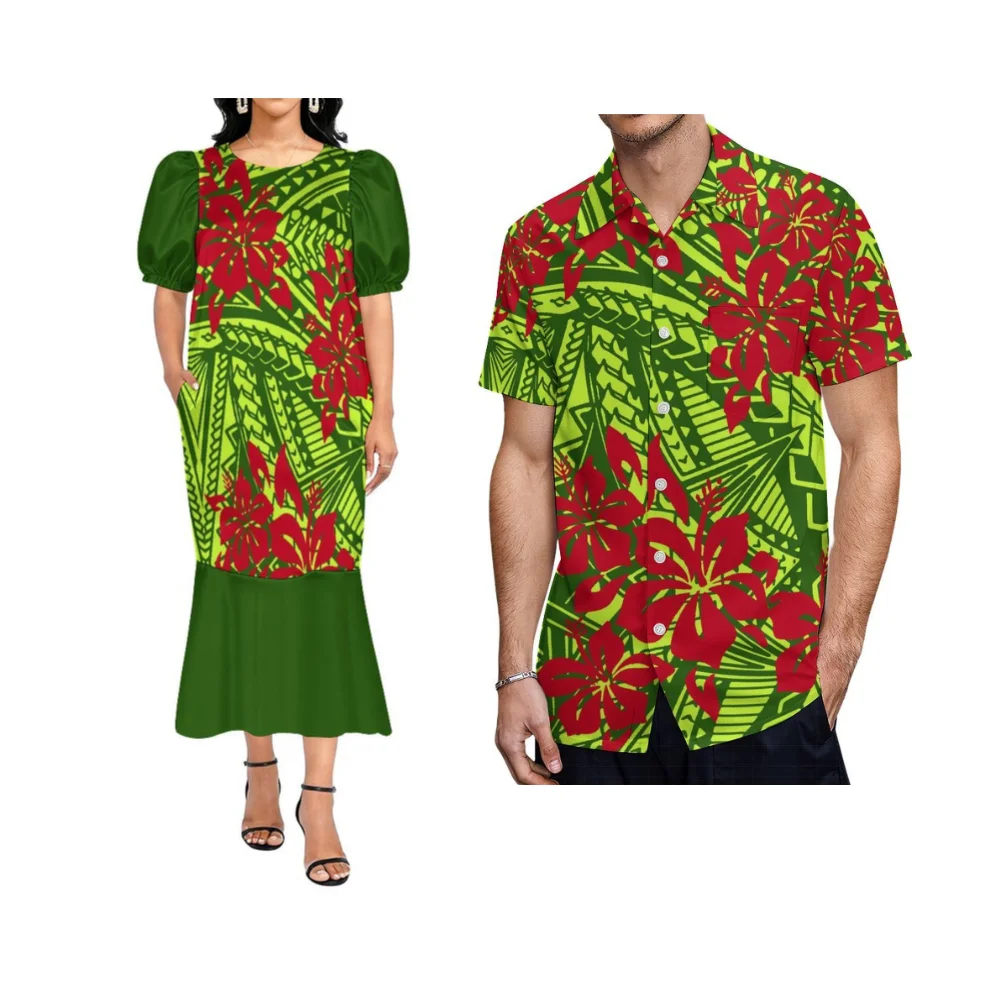 Customized Patterns Available For Wholesale Of Polynesian-Style Couple'S Long Pleated Sleeveless Dress With Pockets For Ladies