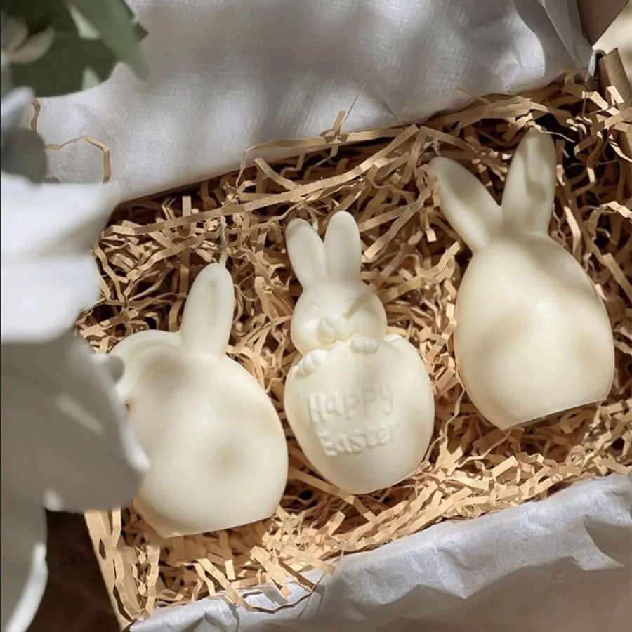 Juego de moldes de silicona de resina de conejo de Pascua 3D, oreja doblada, oreja recta y conejo de cáscara de huevo "Feliz Pascua", 3 uds.