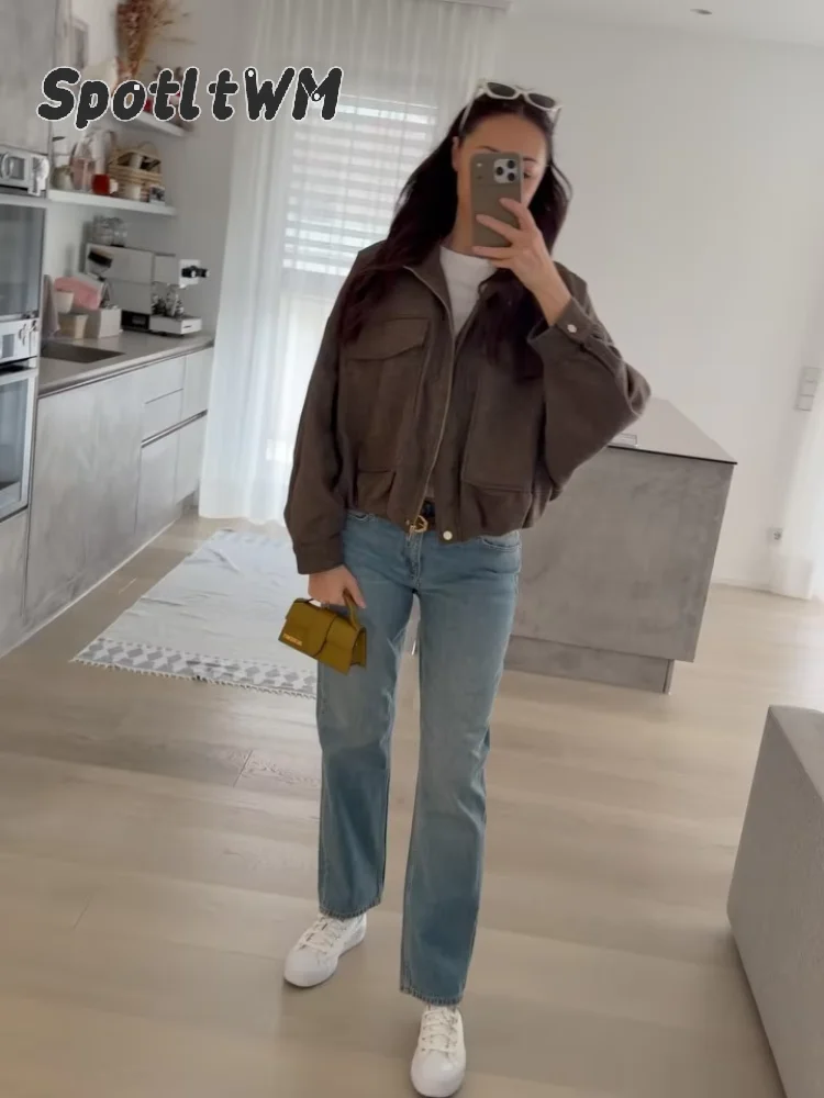 Women's Solid Lapel Bomber Jacket Long Sleeve Zipper With Pockets Loose Flight Jackets Casual Streetwear Winter Autumn Outerwear