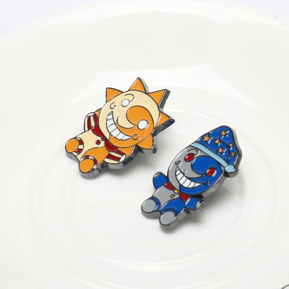 Broche soleil lune, figurine de dessin animé, Badge de tête, jeu d'horreur, accessoires FNAF, cadeaux pour enfants, jouets