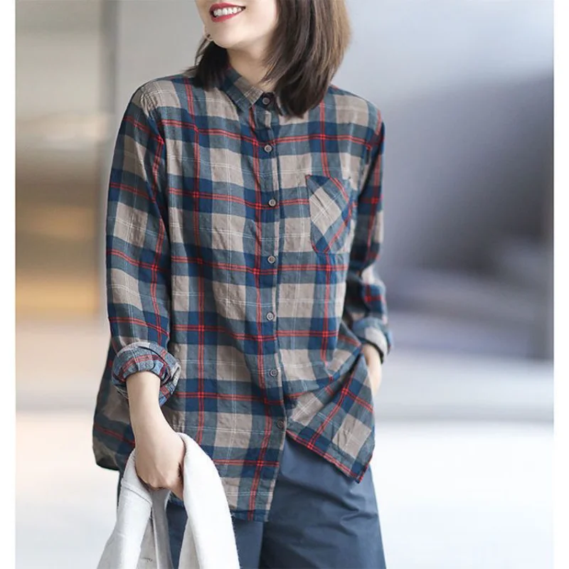2025 Spring Cotton Linen Retro Plaid Shirt Patch Pocket Long Sleeve Lapel Breasted Casual Cardigan Top for Women