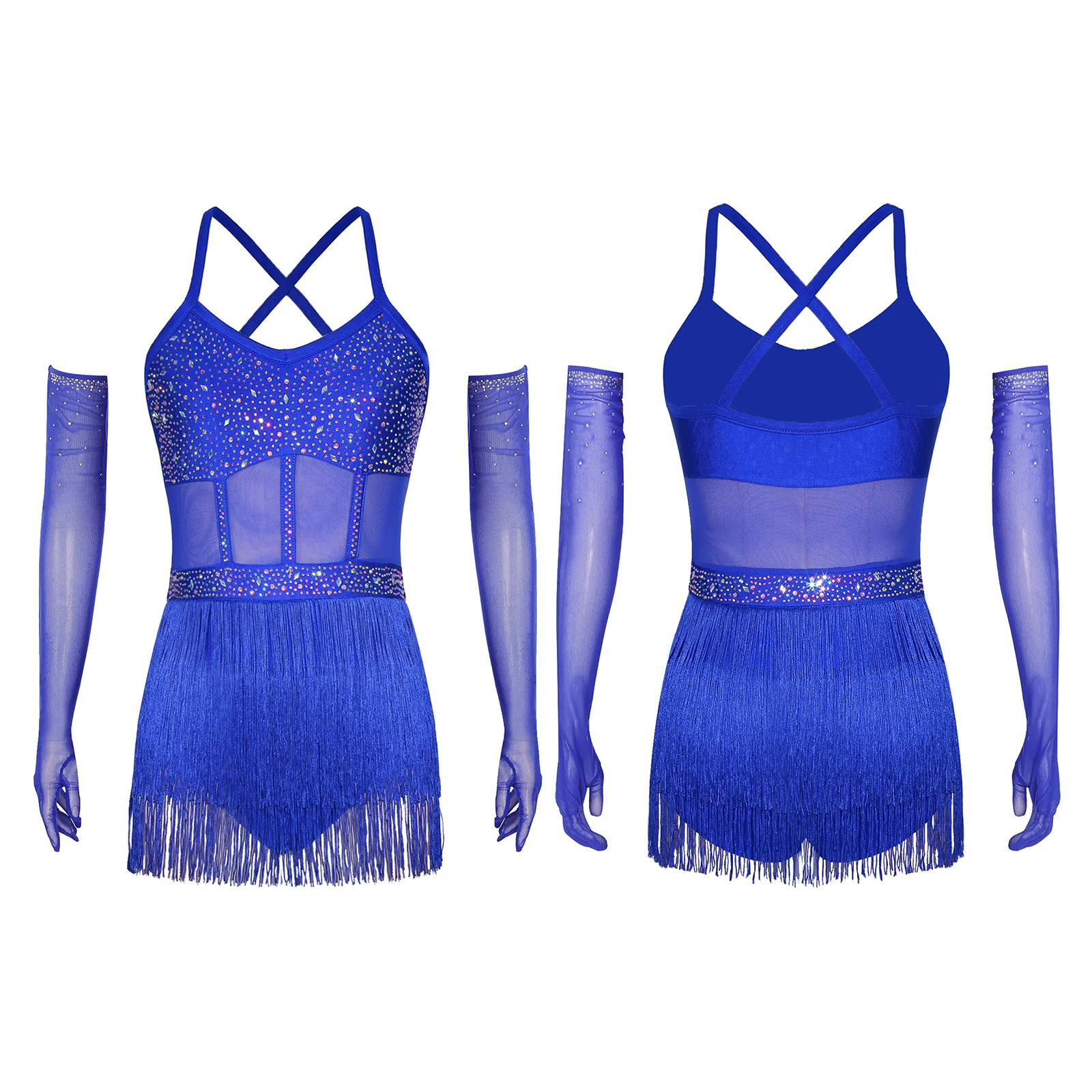 Women Latin Tango Dance Dress Rhinestone Skirted Leotard with Gloves Lyrical Salsa Tango Ballroom Jazz Rumba Samba Dance Costume