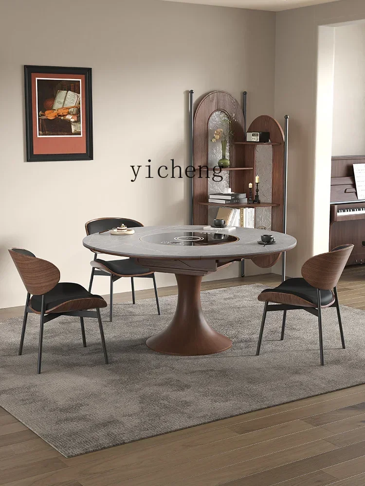 TQH6.4  rock slab retractable dining table small apartment induction cooker turntable foldable solid wood