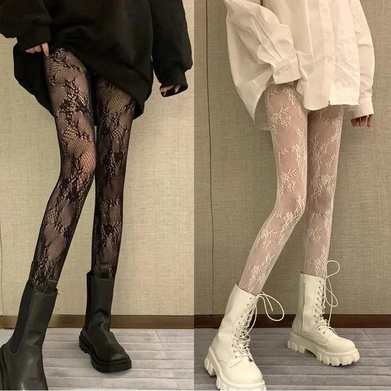 

Классические ажурные кружевные сетчатые чулки в стиле Лолиты, колготки в японском стиле Лолиты, белые чулки из ротанга с цветочным принтом в стиле ретро, популярные колготки