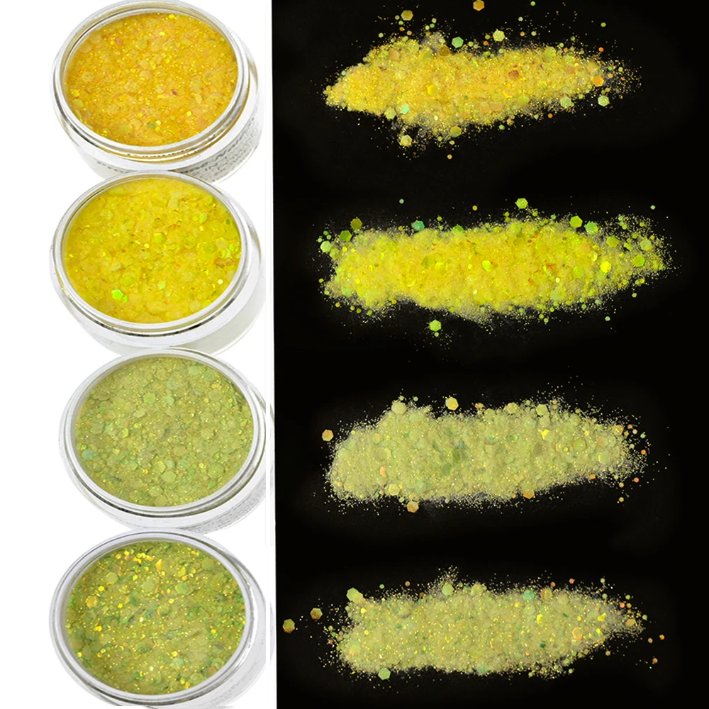 다채로운 형광 아크릴 글리터 파우더, 혼합 크기 아크릴, 디핑, 조각 파우더, 반짝이는 플레이크 빌드 파우더 FO, 세트당 4 병