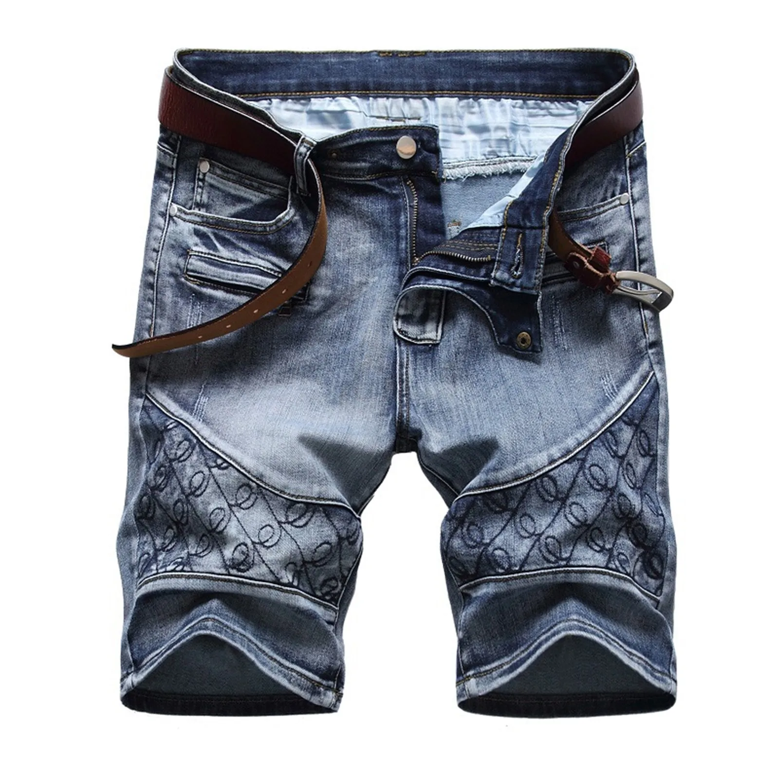 Retro Streetwear Men's Jeans Shorts Fashion Stretch Ripped Print Denim Pants Summer 2024 New Straight Knee-Length Denim Shorts