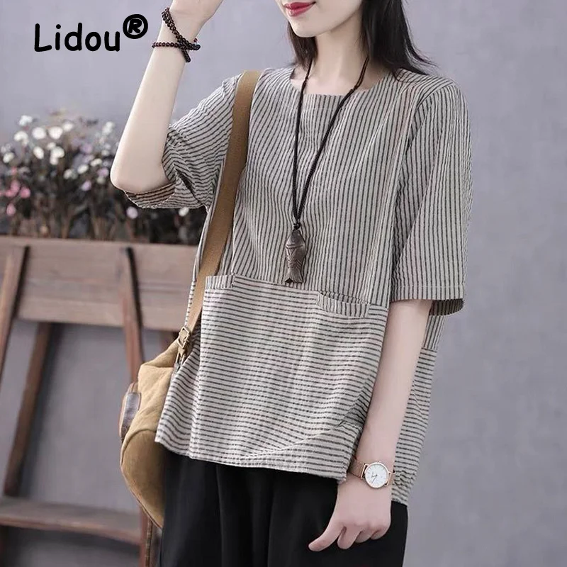 

Summer Vintage Striped Print Loose Short Sleeve Tees for Women Fashion Casual O Neck Pocket Cotton Pullover T-Shirt Clothing 4XL