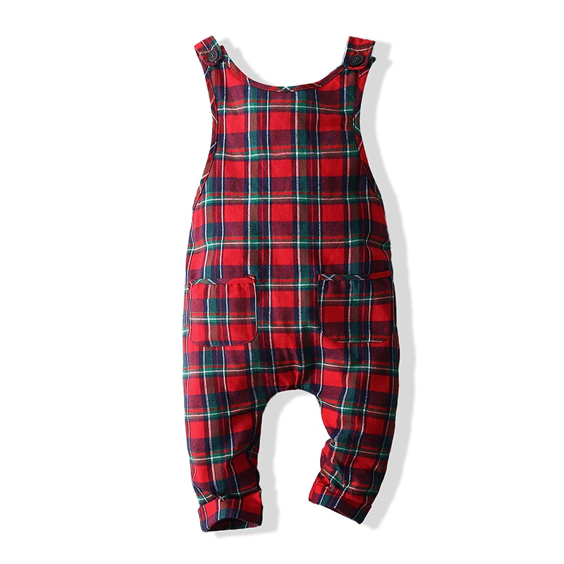 Toddler Boys Solid Color Crew Neck Long Sleeve Tops Plaid Suspender Pants Overalls Fall Winter Outfits 2Pcs Clothes Set