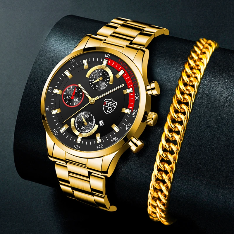 Luxury Mens Watches Stainless Steel Fashion Calendar Quartz Men Watches Bracelet Set Male Business Luminous Clock  reloj hombre