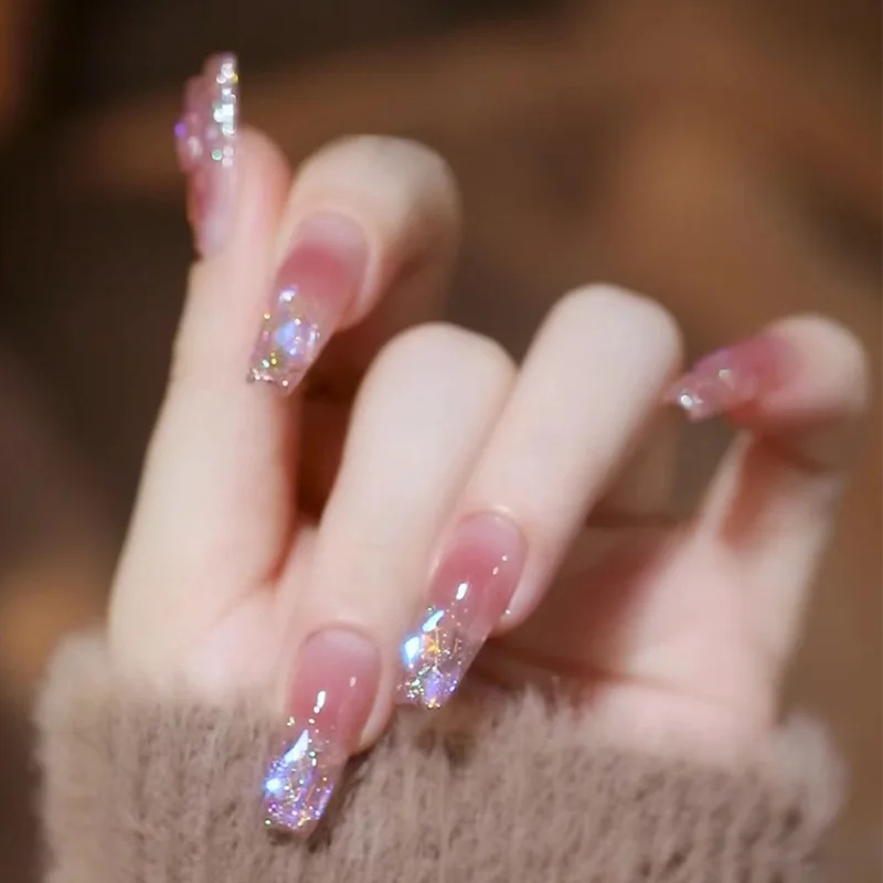 Handmade Wear a Piece Wholesale Mid-Length Aurora Warm Elf Glass Drill Finished Beauty Nail Sticker Jelly Glue