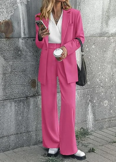 Tesco Customized 2025 Spring Fall 2 Piece Women's Blazer Set Casual Loose Long Blazer Jackets and Dressy Wide Leg Pant Suits