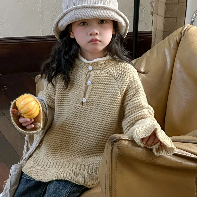 

Girls' Sweater 2024 Autumn New Retro Wooden Ear Pullover Western Style Fashionable Hollow Button Outer Wear All-Matching