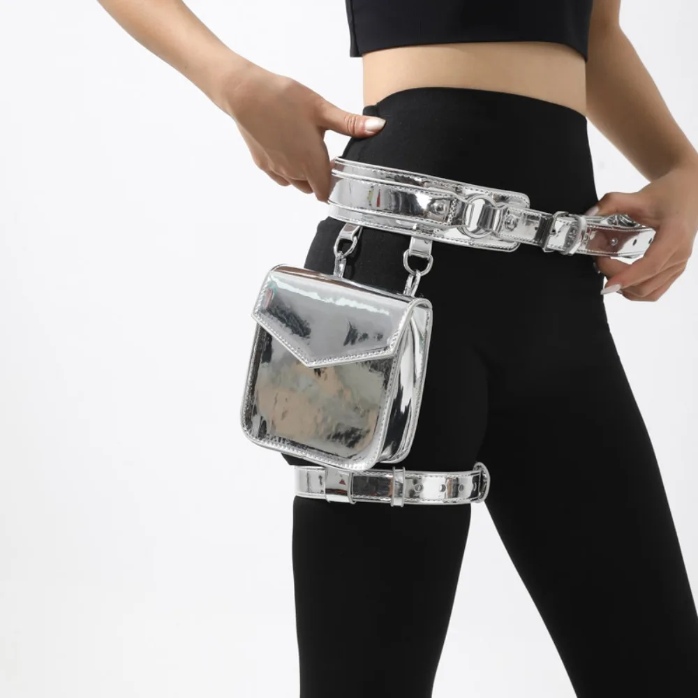 

Fashion Motorcycle Style Waist Bag Metal Mirror High Gloss Small Square Bag Detachable Leg Bag Women's