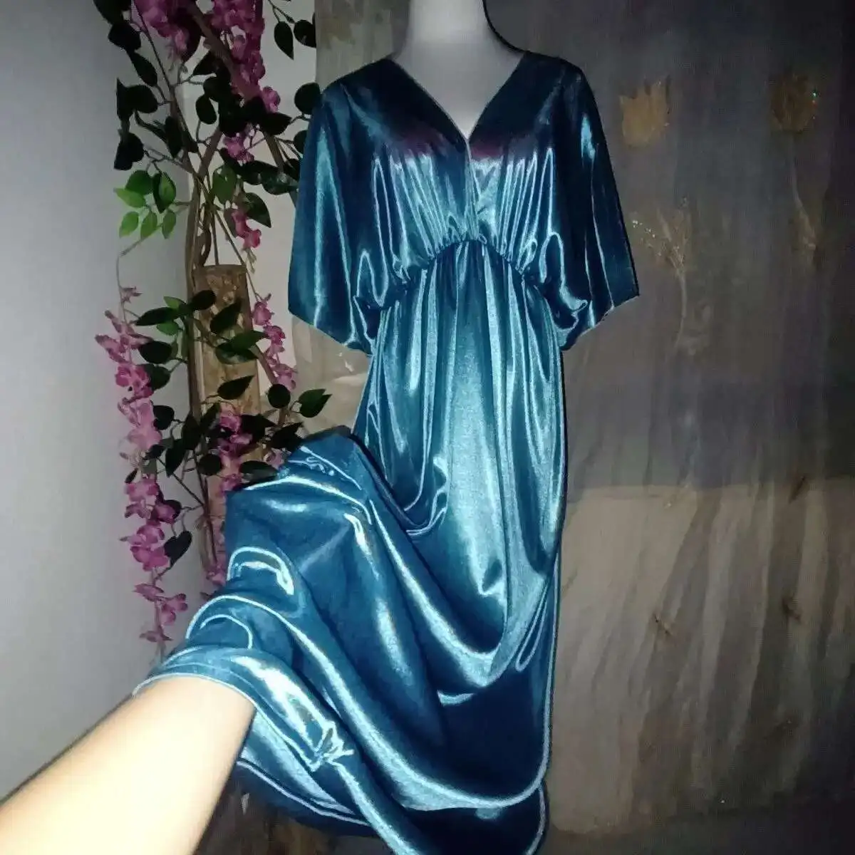 Solid Glossy Backless Women Satin Loose Maxi Dress Deep V Neck Plus Size Sexy Sleeping Robe