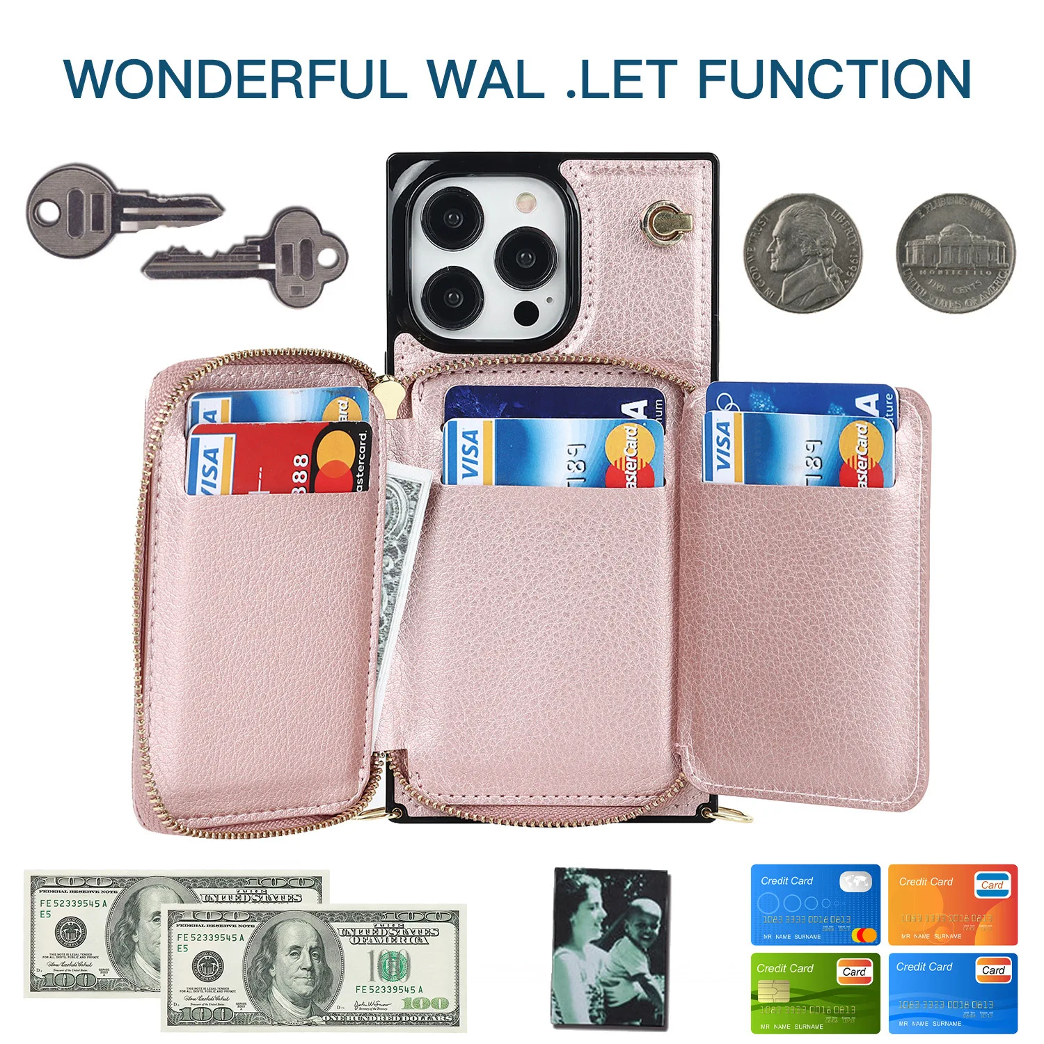Zipper Wallet Shoulder Strap Case for iPhone 16 Pro Max 14 13 12 11 15 Pro Max 16 Plus Leather Card Pocket Lanyard Cover