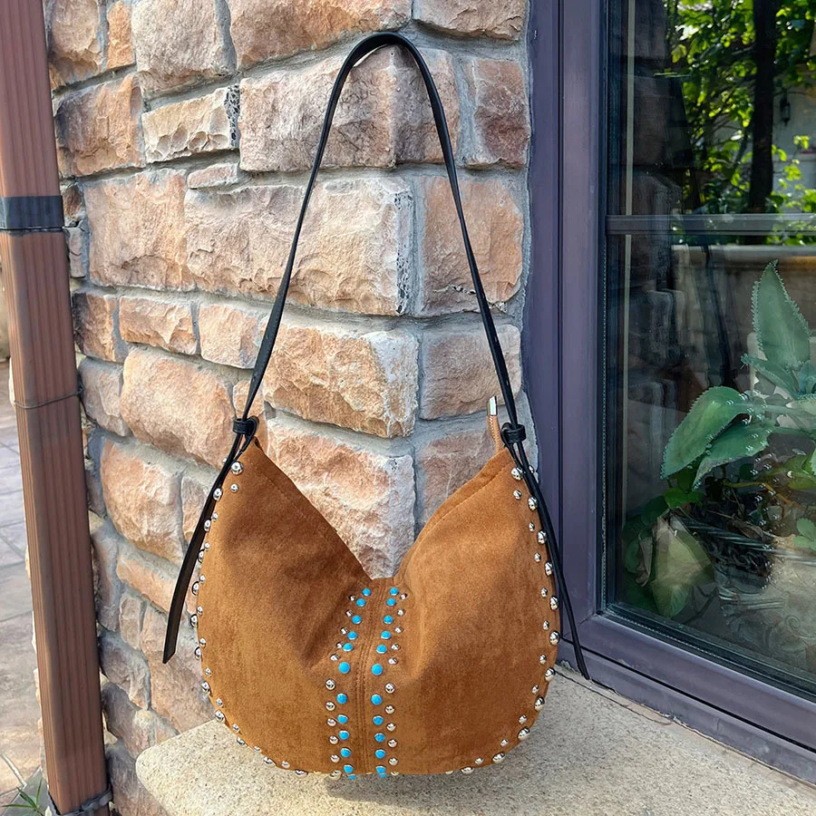 2025 Autumn and Winter New Suede Rivet Pearl Underarm Bag Women Luxury Designer Handbag Wallet Crescent Casual Shoulder Bag