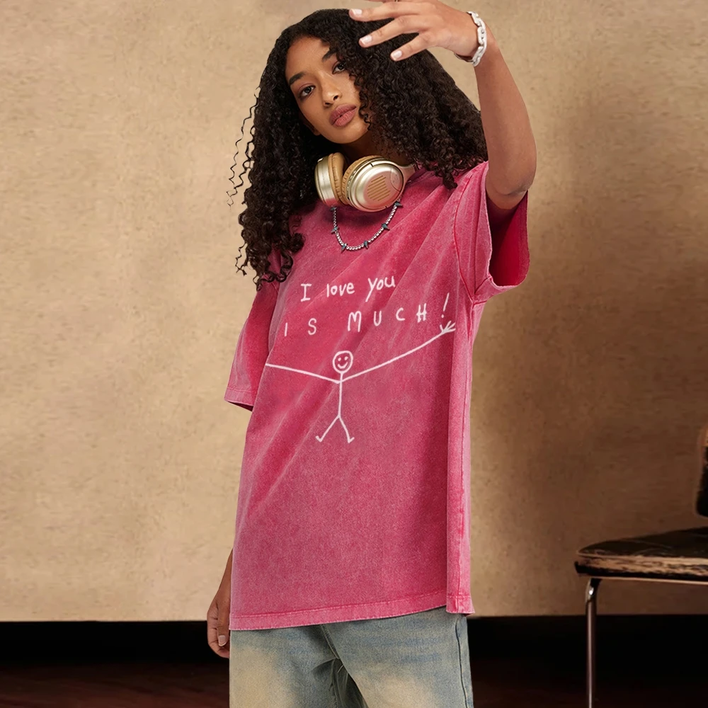 I Love You This Much Graphic Print Washed Tshirt Vintage Washed 100% Cotton Tops Tees Punk Hip Hop Short Sleeve Cotton T Shirt
