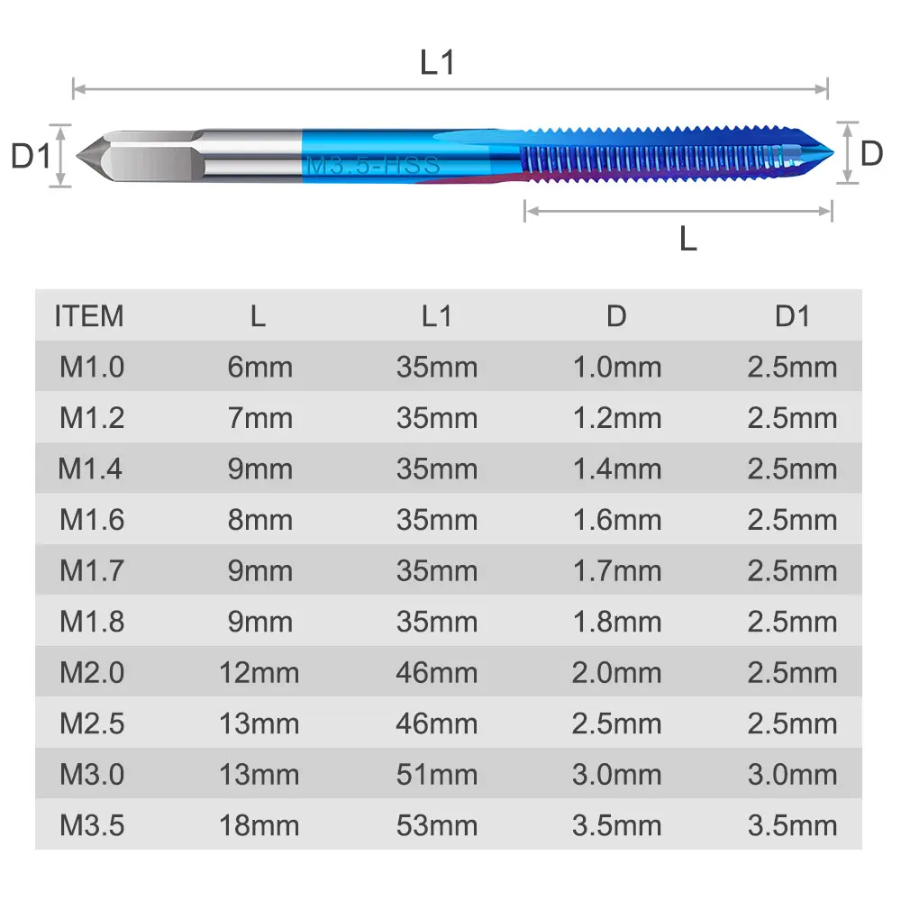 XCAN Thread Tap 10pcs M1-M3.5 HSS Metric Plug Tap Screw Tap Drill with Adjustable Tap Wrench Nano Blue Coated Machine Tap