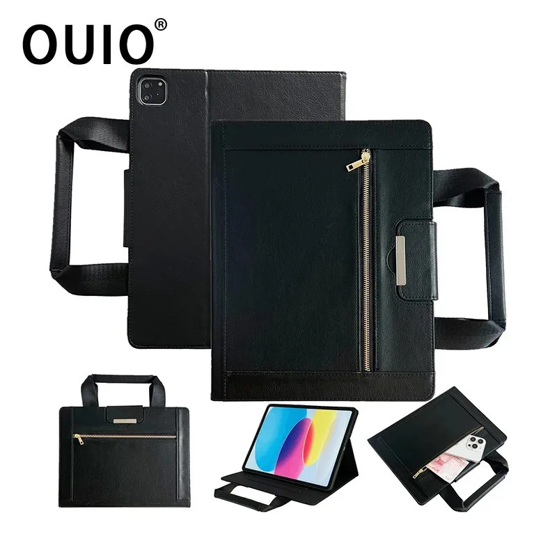 OUIO Case For IPad Air Pro Mini7 With Stand Back Zipper Pocket & Internal Card Slot Portable Briefcase Design Wake PU Leather