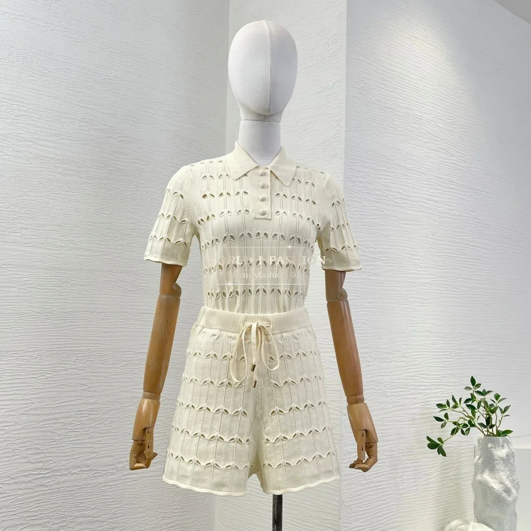 

High Quality Beige Short Sleeve Blouse Tops and Shorts Set 2025 Knit