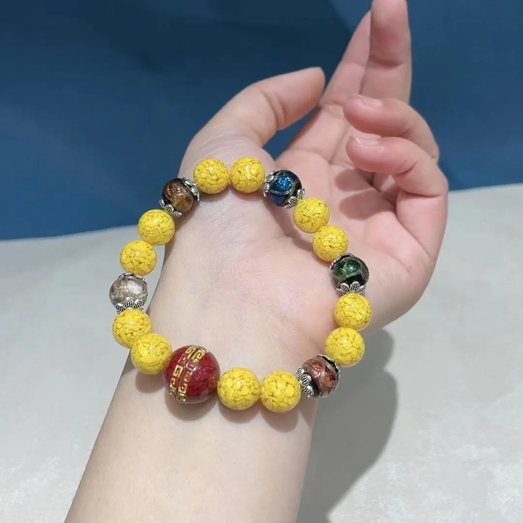 Chinese Style Yellow Incense Ash Liuli Beaded Bracelet 10mm Single Strand Good Luck Wealth Fortune Attracting Zodiac Year Lucky