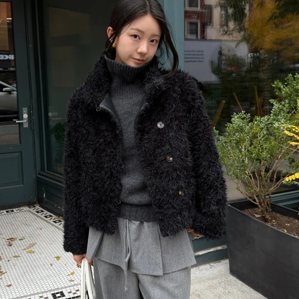 

Женское шикарное пальто из искусственной кожи с шерстяными сращиваниями, теплое осенне-зимнее новое пальто из искусственного меха высокого качества, топ для поездок на работу