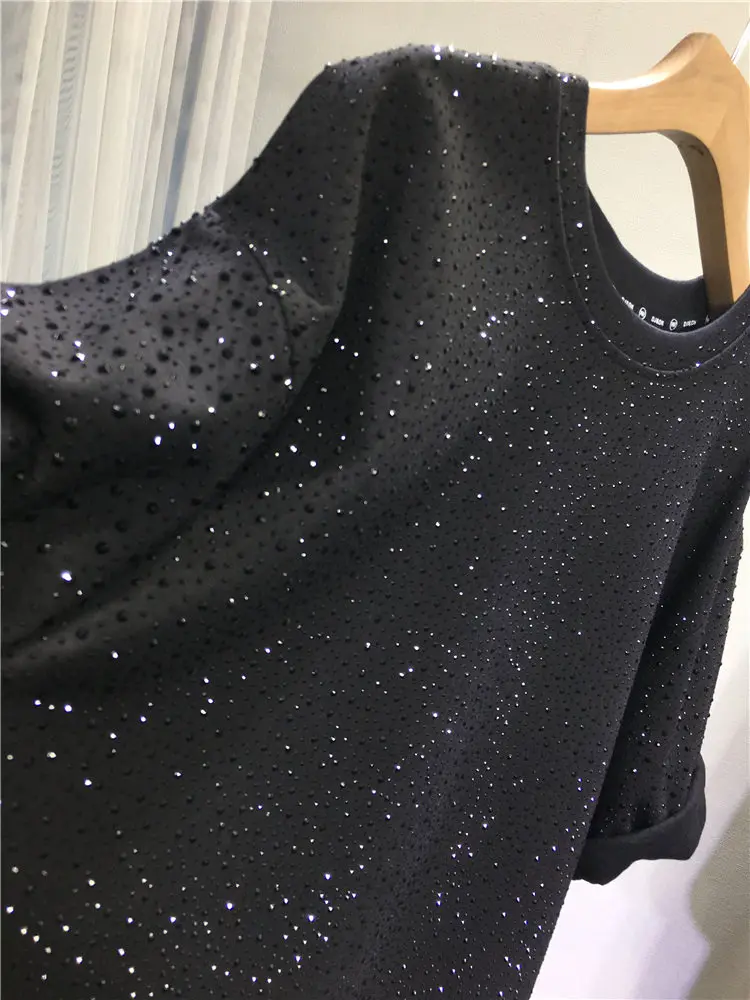High Quality Spring Loose Women Short Sleeve T-shirt Thicken Shiny Hot Diamonds Round Neck Pullover Top Oversize Cotton Tshirts