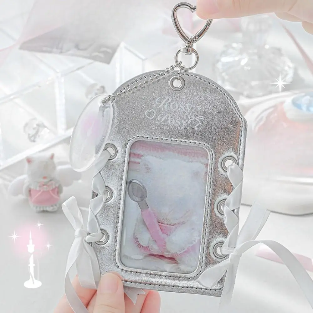 Korean Style Balletcore Idol Photocard Holder Protective Case with Keychain Pendant Ribbon Bow Bus Card Holder PU Leather image 5