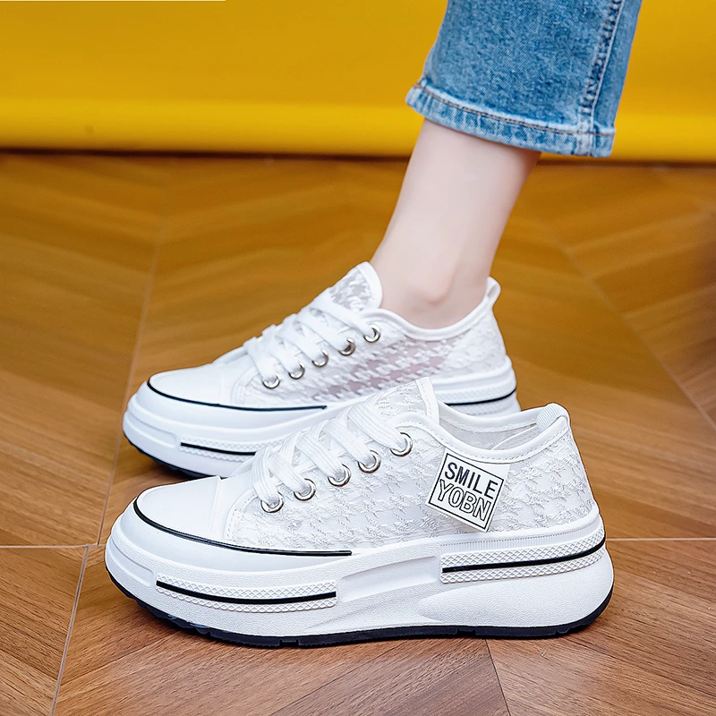 Comemore Mesh Women's Sports Shoes 2024 Summer Breathable Sneakers Thick Bottom Tenis Casual White Cloth Shoe Platform Footwear