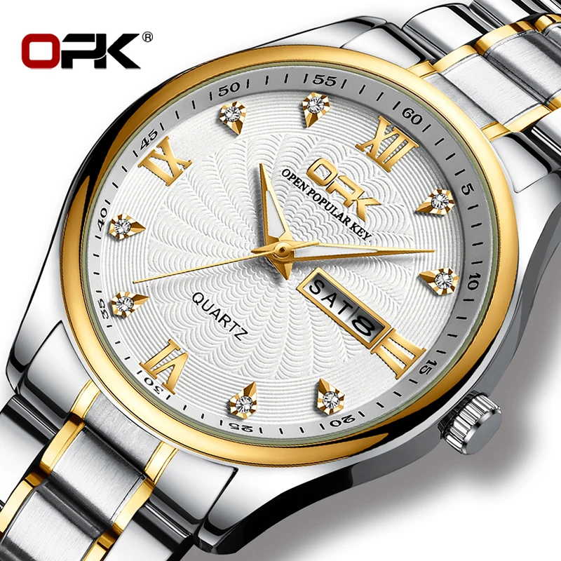 OPK Fashion Diamond Quartz Couples Watches Week Stainless Steel Waterproof Watch Luminous Couple Luxury Wristwatches