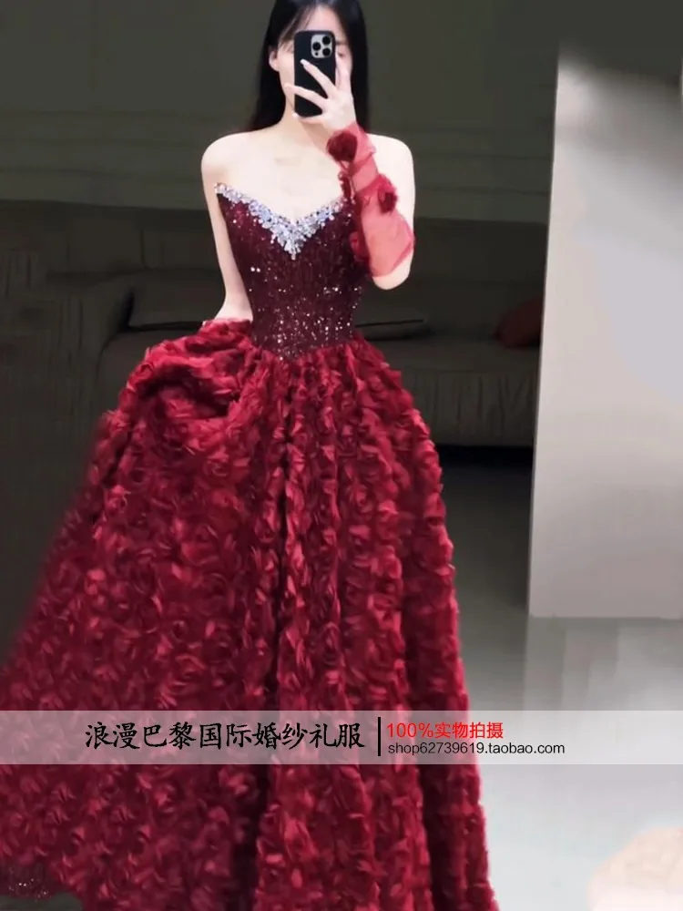 Wine red strapless heavy petal light luxury welcome bed toasting dress