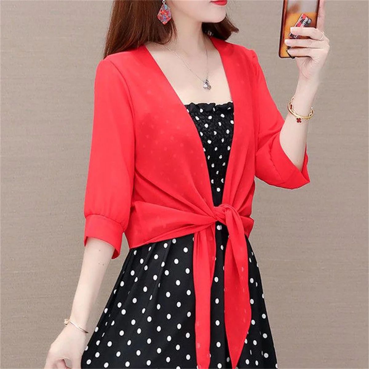 【Only Top】Fashion Thin Chiffon Cardigan Half Sleeve, Solid Color Sun Cape Thin Soft Fabric (No Dress)