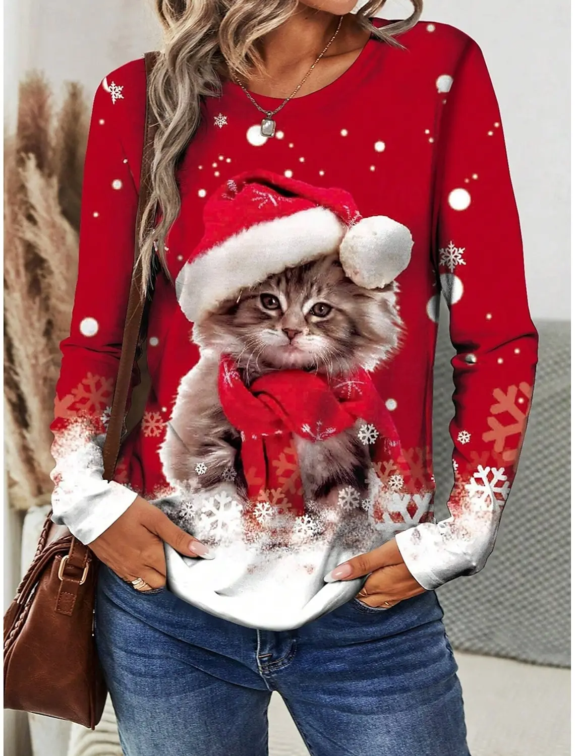 Women\'s Sweatshirt Polyester 3D Print Christmas Theme Graphics long sleeve T-shirt Casual Loose Fit Crew Neck Long Sleeve Tops