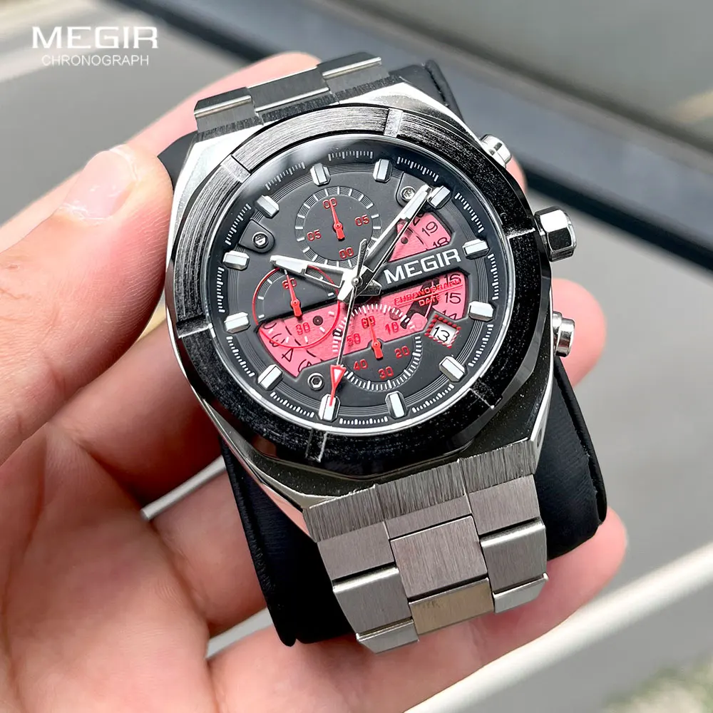 MEGIR Silver Quartz Watch for Men Fashion Military Sport Dress Wristwatch with Chronograph Stainless Steel Strap Auto Date 2225