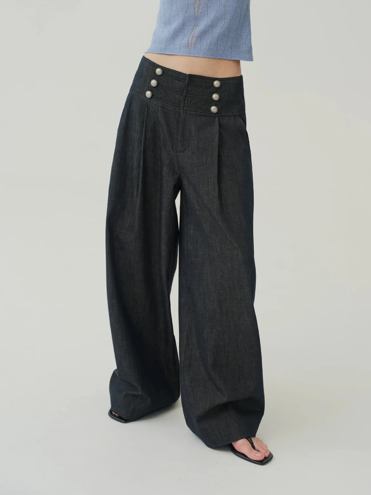 Women Ocean Style Double Breasted Feel Straight Leg Jeans Vintage Metal Buttons Casual Denim Trousers Ladies Daily Wear Pants