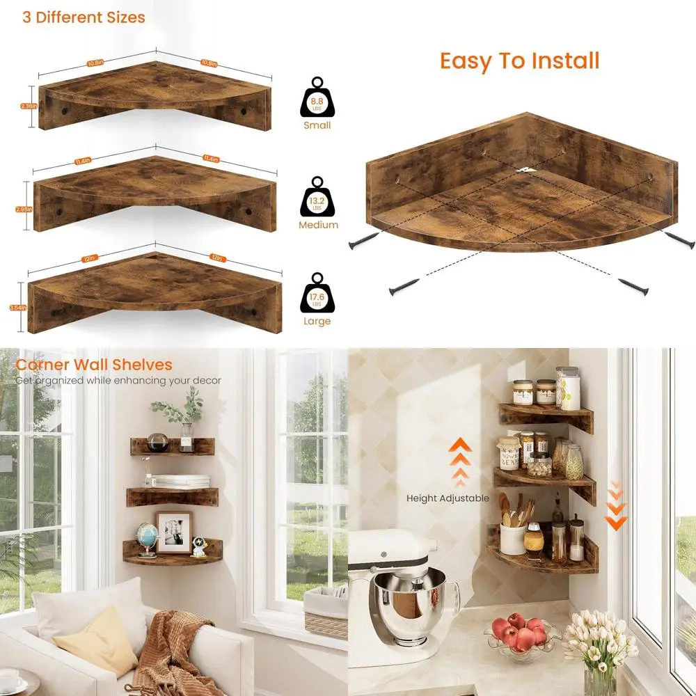 

3-Tier Corner Floating Shelves, Rustic Brown & Black, Wall Mount Storage for Home, with Cord Hole