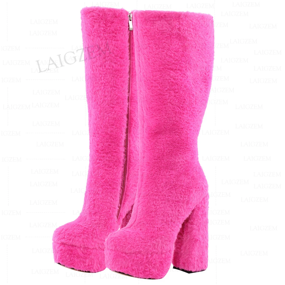 BERZIMER Women Knee High Platform Fluffy Side Zip Up Thick High Heels Tall Boots Shiny Lady Shoes Woman Big Size 41 43 45 47 52