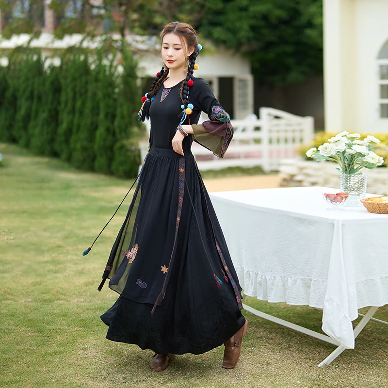 Ele Langer A-Linien-Rock mit Stickerei, hoher Taille, elastische Taille, National Sle Vintage Big Swing-Rock für Damen